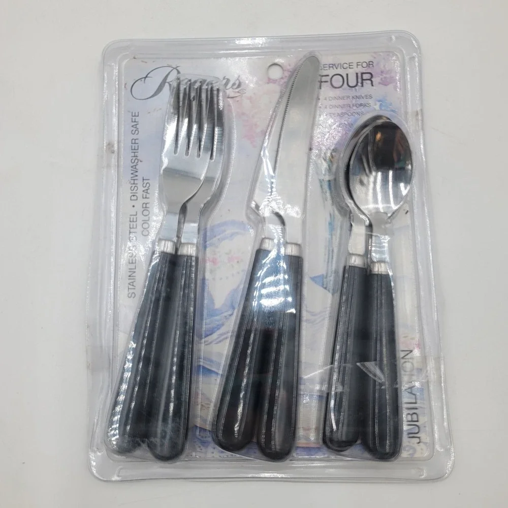 12pc Rogers Stanley Roberts Jubilation Flatware Set Service for 4 Black Silver